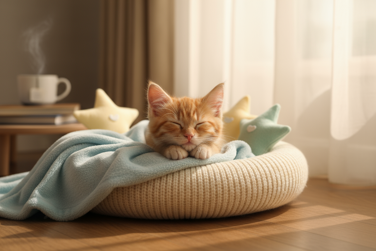 gatito durmiendo en una cama de gatos